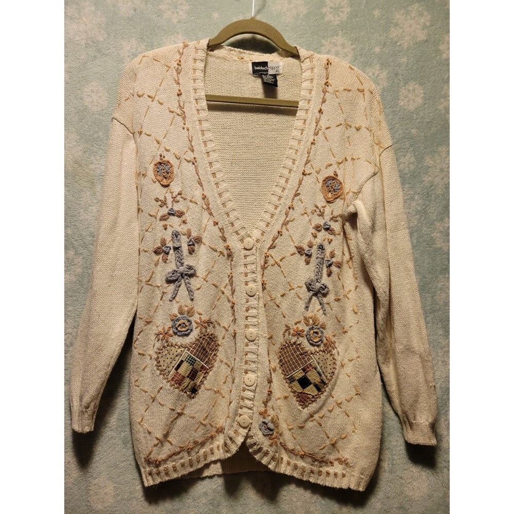 Beldoch Popper Sweater Womens M Handknit Floral Doily Ramie Mock Boho Cottage